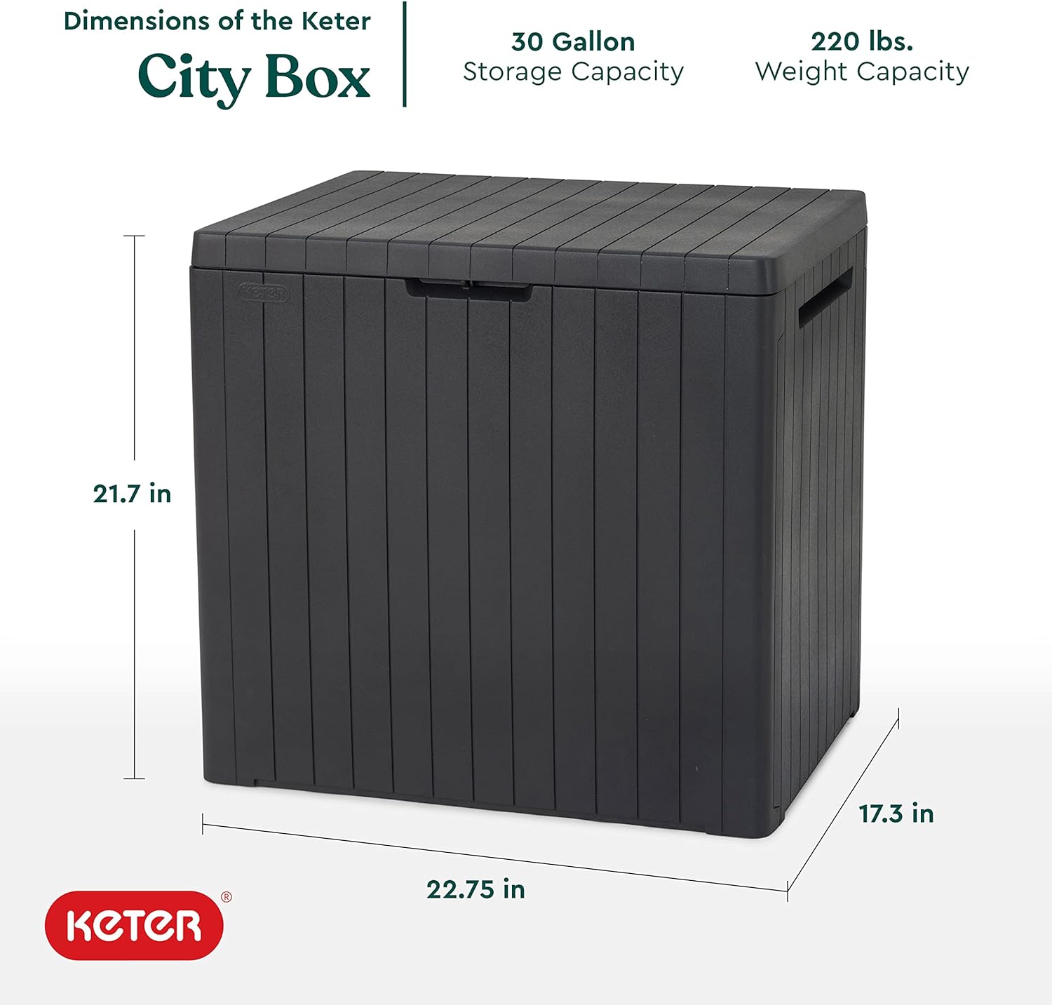 Keter City 30 Gallon Resin Deck Box for Patio Furniture, Pool Accessories, and Storage for Outdoor Toys, Dark Grey - UK GEMS