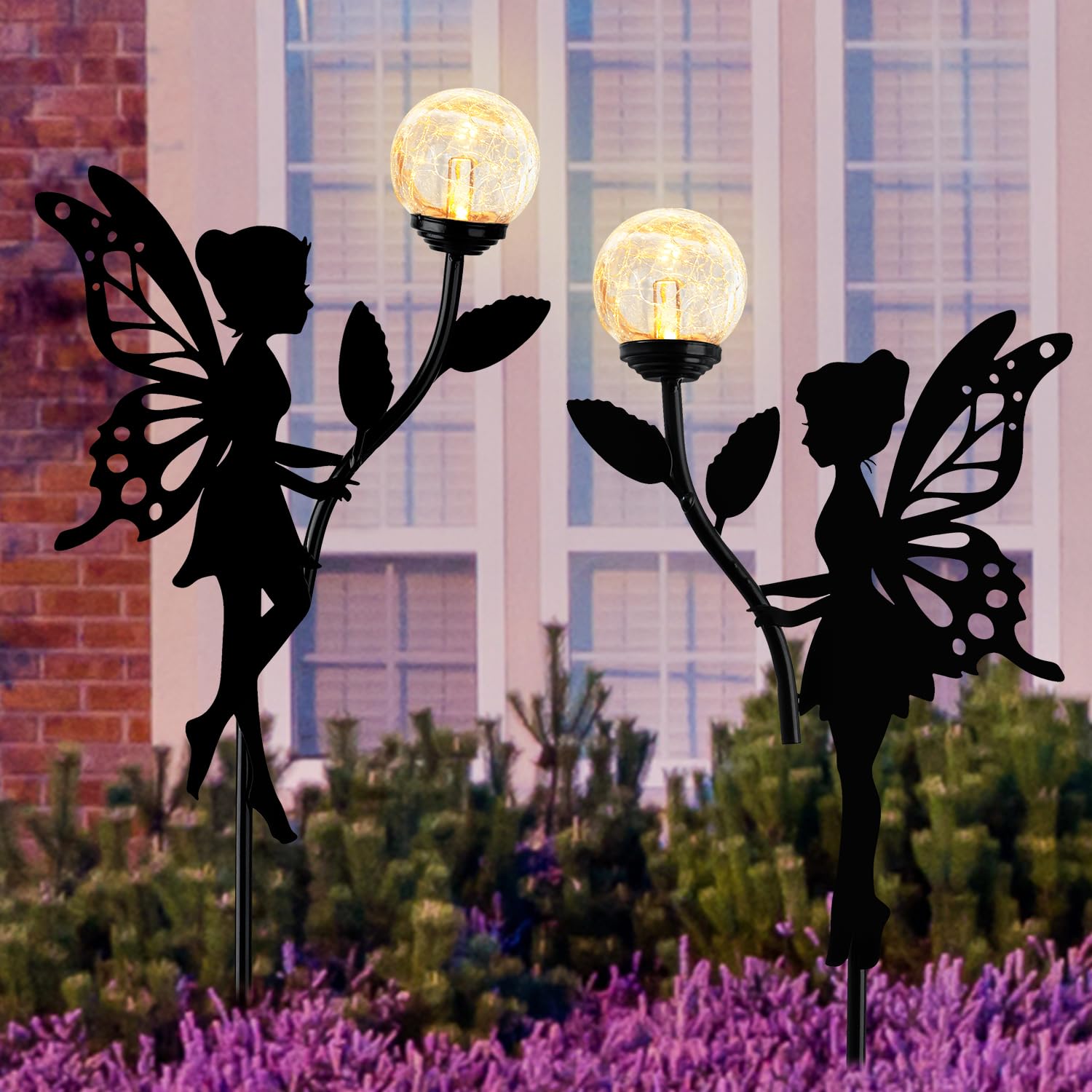 Ouddy Decor 2 Pack Solar Fairy Garden Decor, Metal Fairy Statues with Crackle Glass Globe Solar Garden Lights - UK GEMS