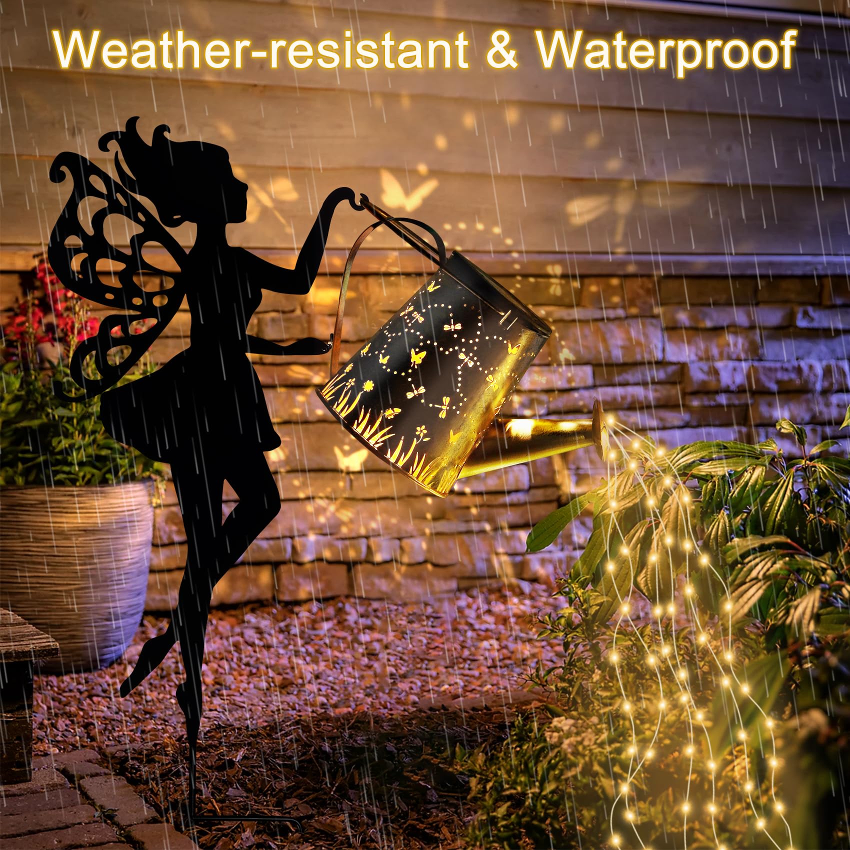 Ouddy Decor Fairy Garden Decor with Solar Watering Can, with Hanging Lanterns Waterfall Lights Silhouette Waterproof - UK GEMS